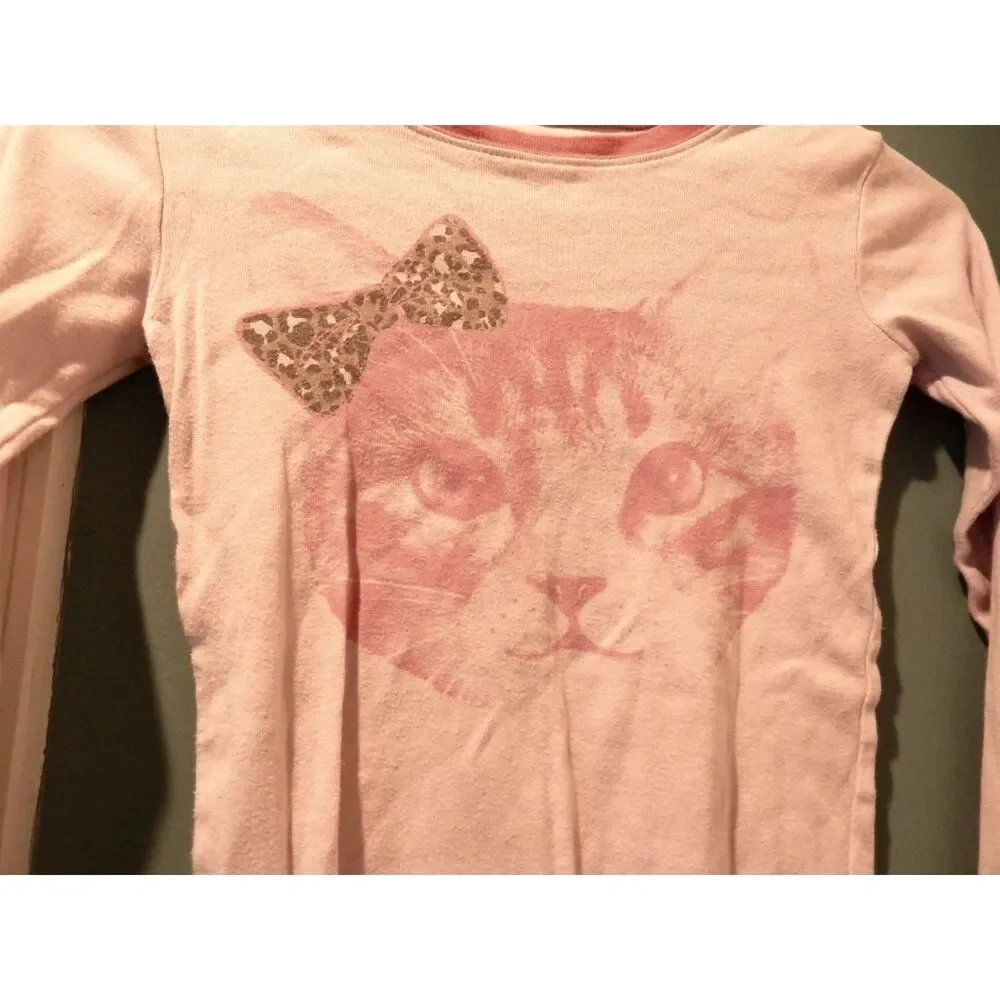Children's Place Girls Large (12) Pink Cat Leopard Bow Long Sleeve Sleep Shirt